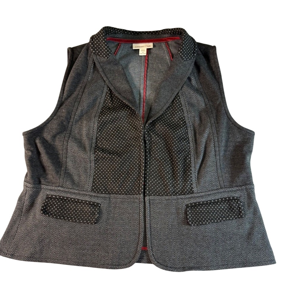 Coldwater Creek Womens 2X Mixed Media Herringbone Polka Dot Vest Charcoal Grey
